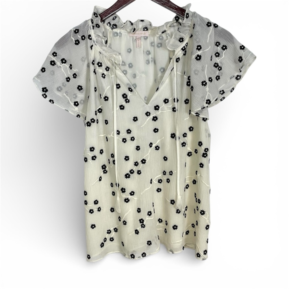 Rebecca Taylor Black and White Floral Cotton/Silk Blend Blouse Size 8
